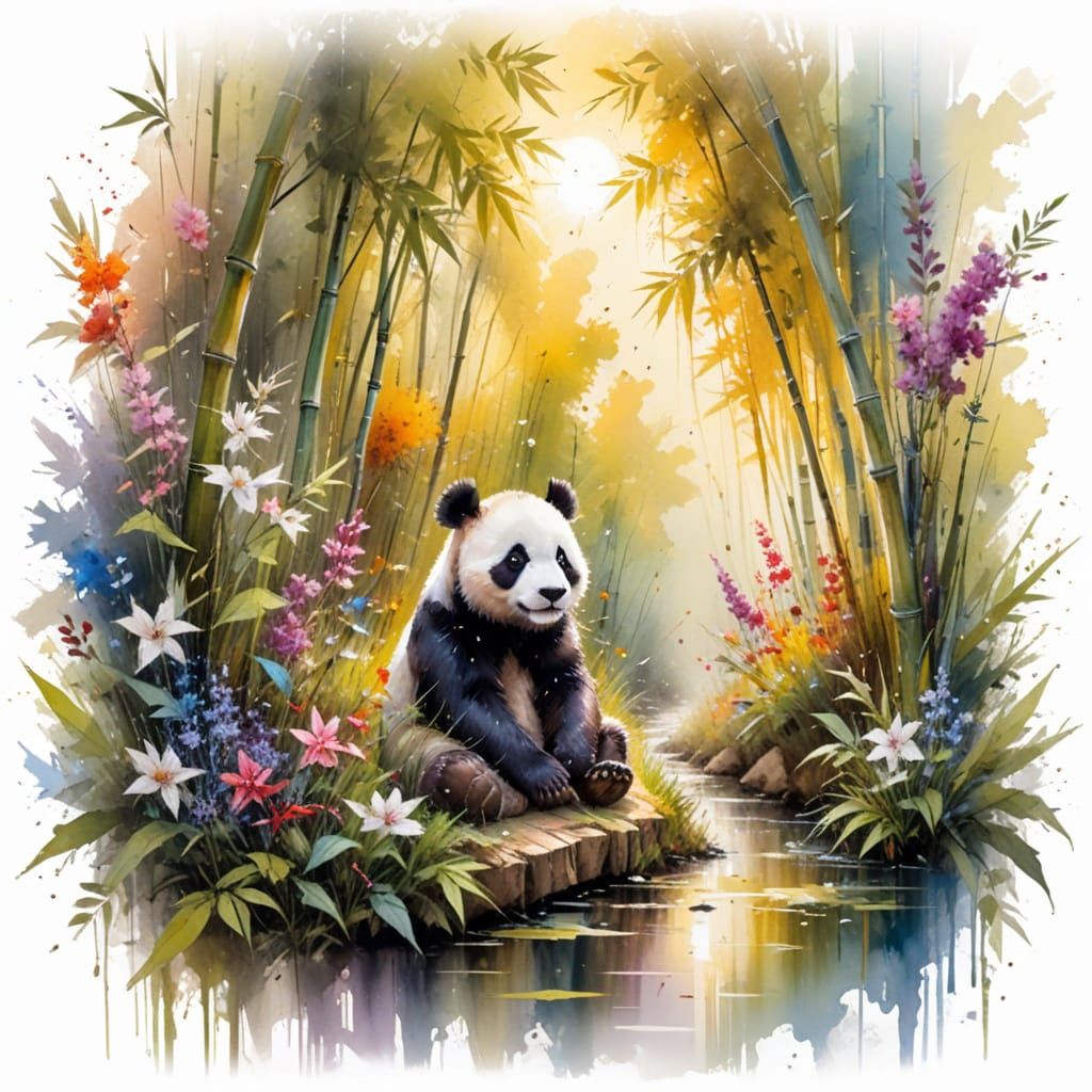 Adorable Panda in Sunlit Bamboo Forest, Watercolor Style