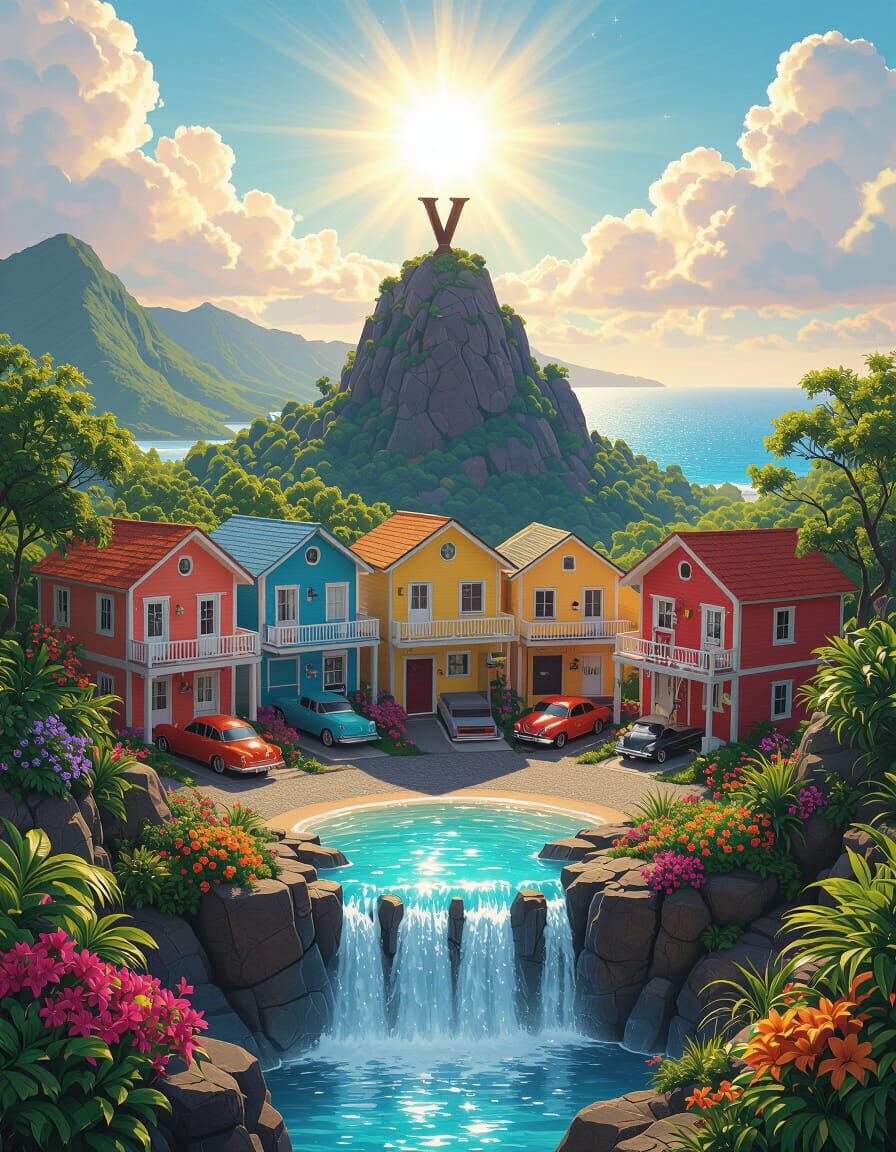 Puerto Rico Mountain Landscape with Waterfall and Houses