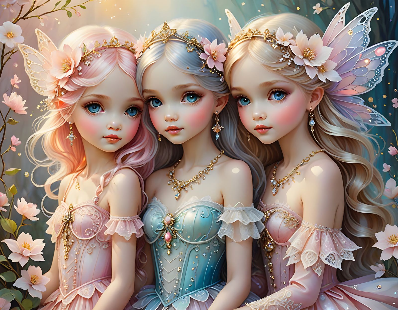 lace of diamonds as fairies and soft pink opals as flower-people,