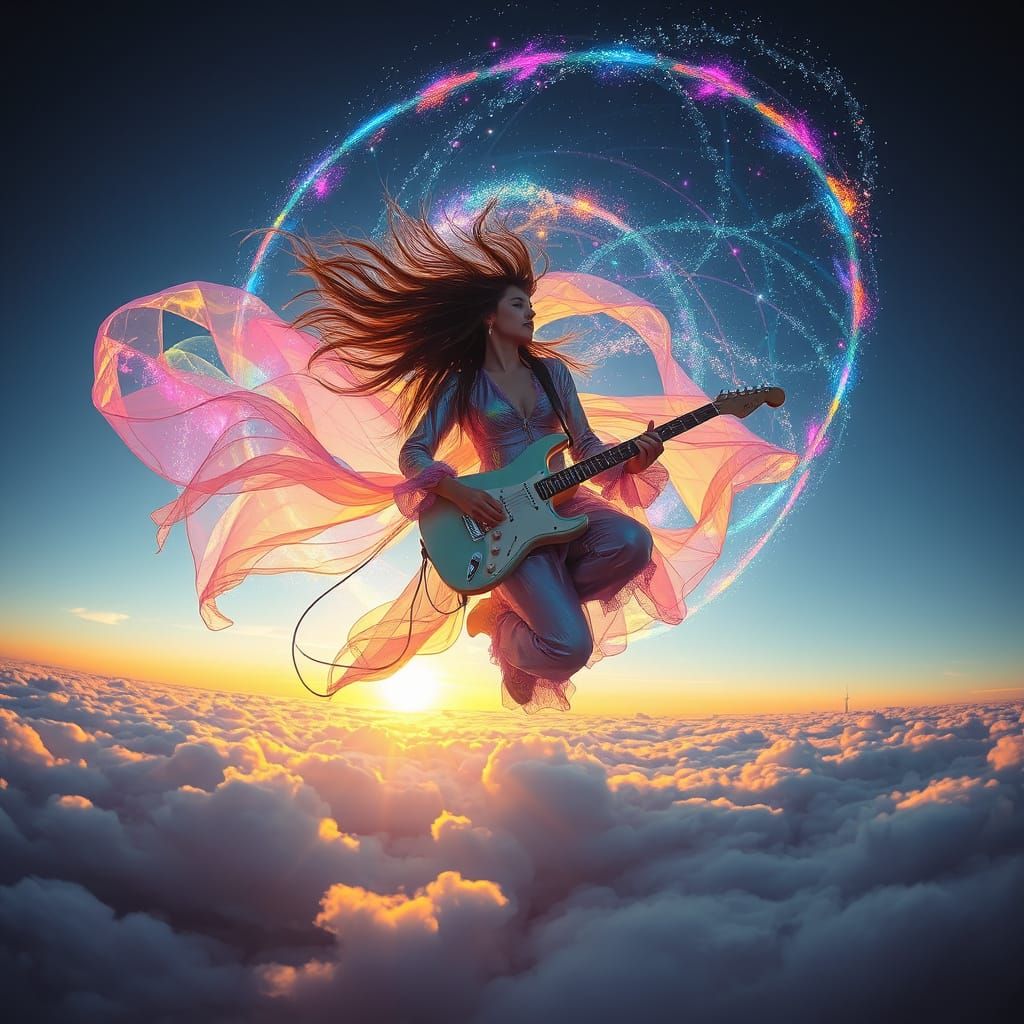 Futuristic Guitarist in Nebula Over Clouds at Sunset