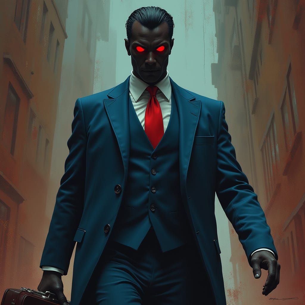 Ominous Figure in Blue Suit, Futuristic Digital Art