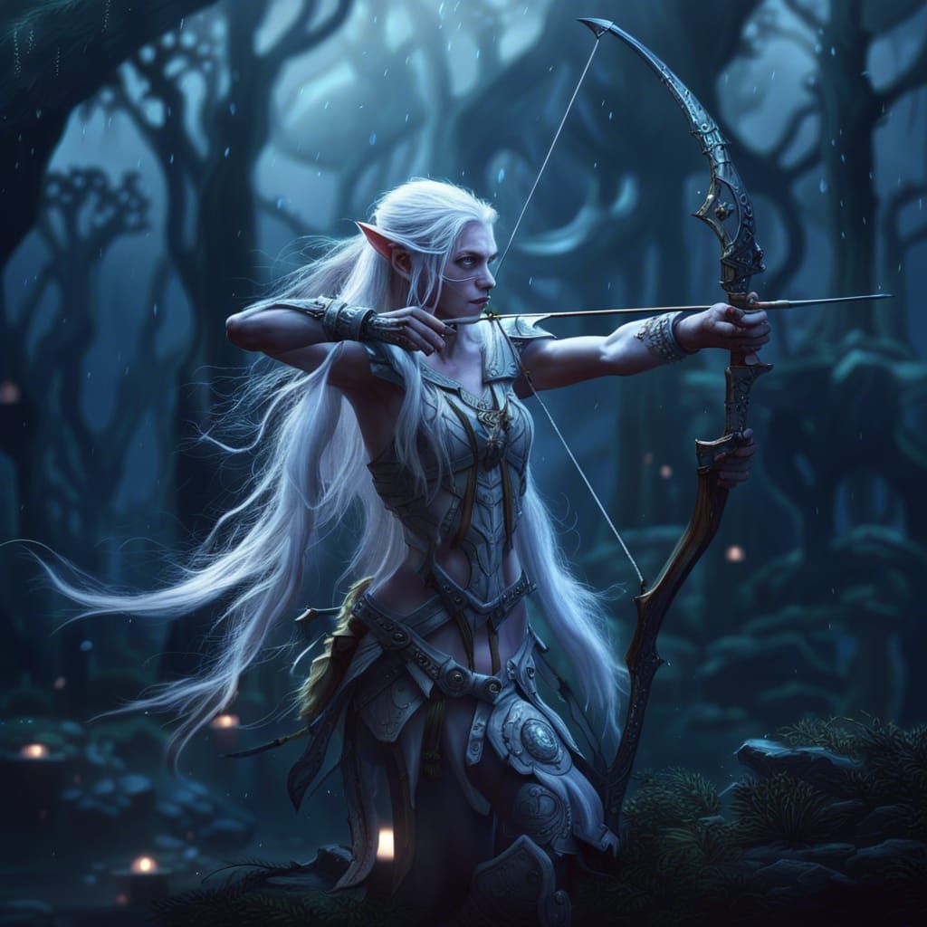 Night Elf Archer in Rainy Forest Landscape