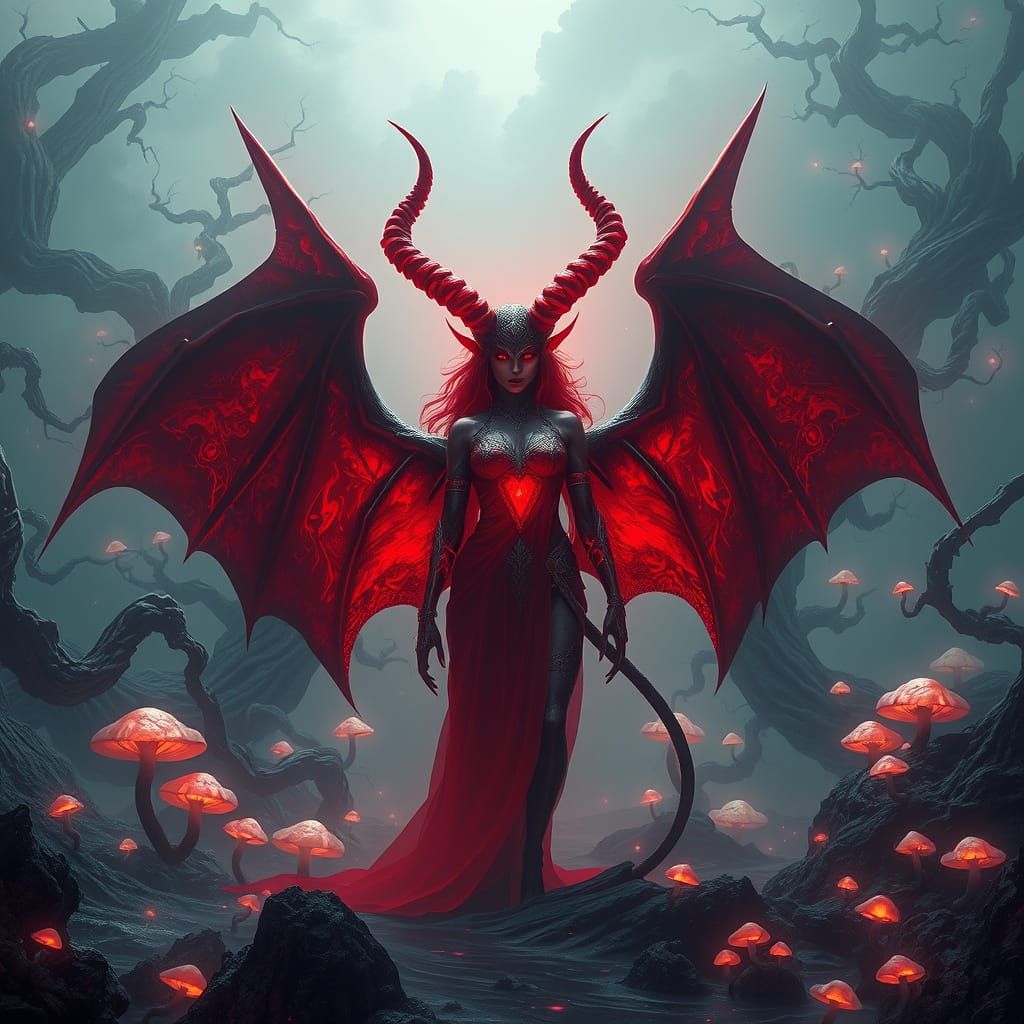 Majestic Horned Female Devil in a Mystical Landscape