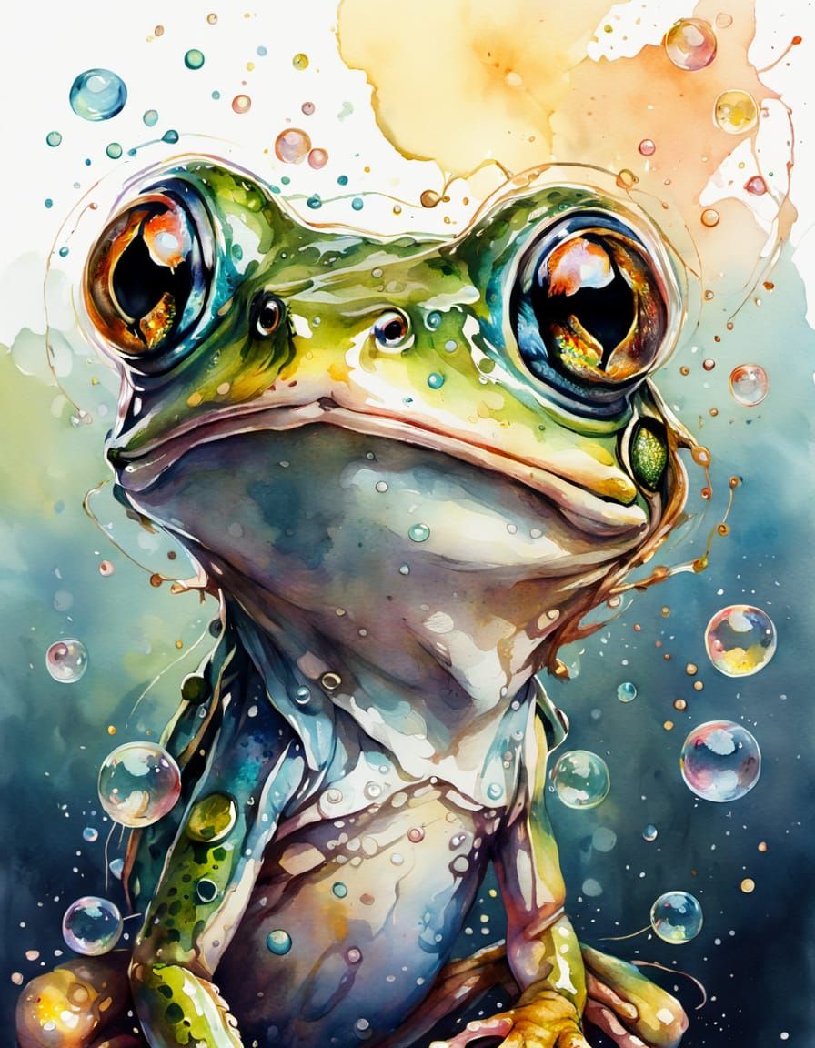 Surprised Frog with Bubbles in Watercolor Style