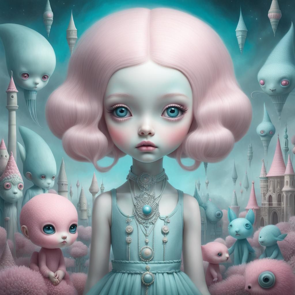 Ethereal Alien Girl with Nightmare Monsters