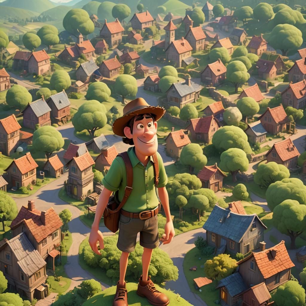 Goofy Giant at Village Edge: Pixar-Inspired 3D Art