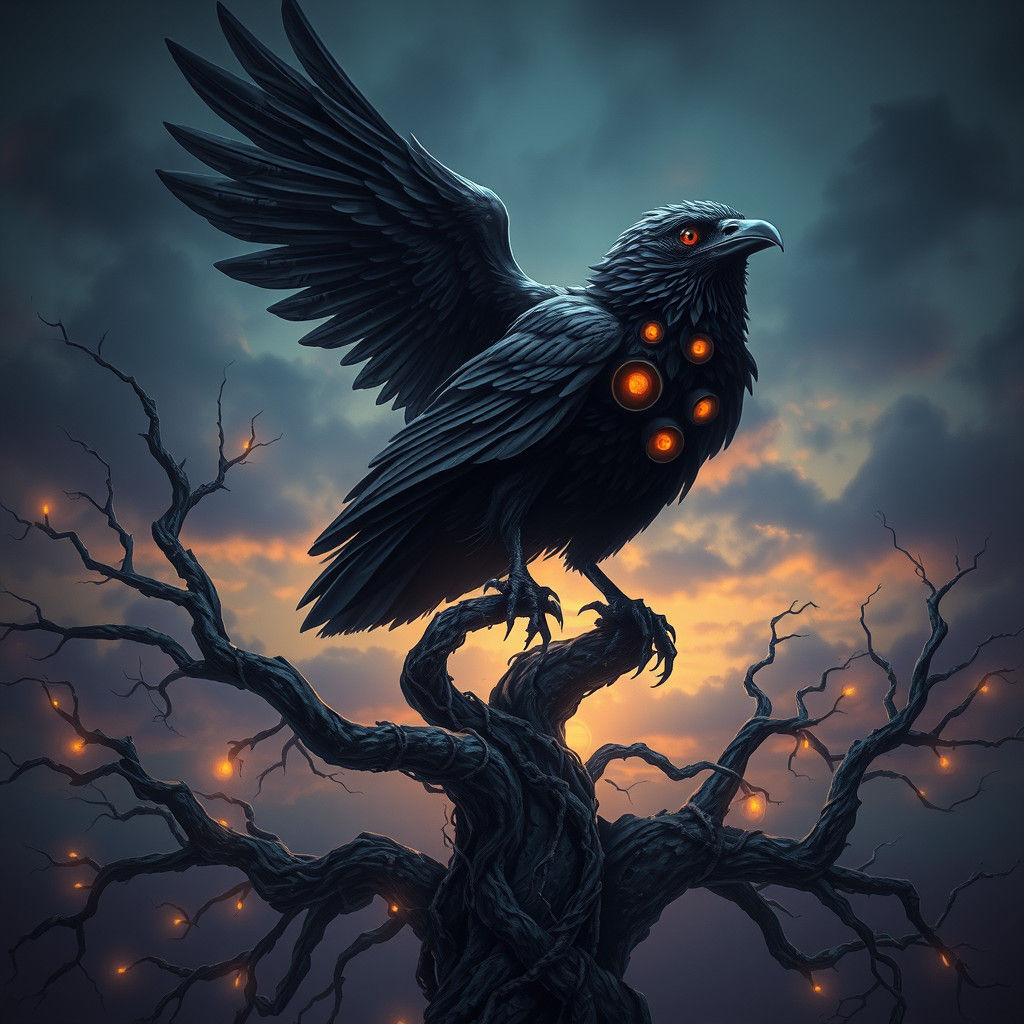 Ominous Raven with Glowing Eyes in Mystical Landscape