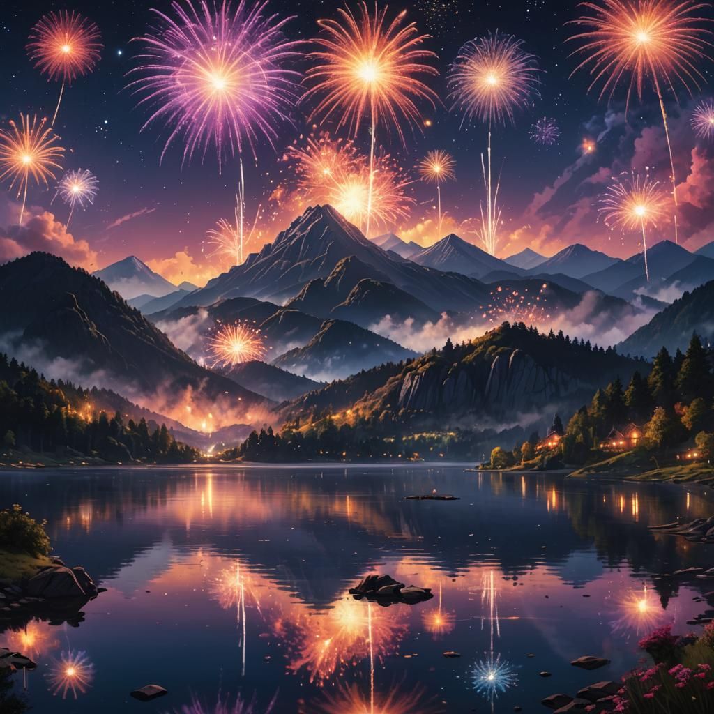 Magical Fireworks Exploding Over Misty Mountain Lake