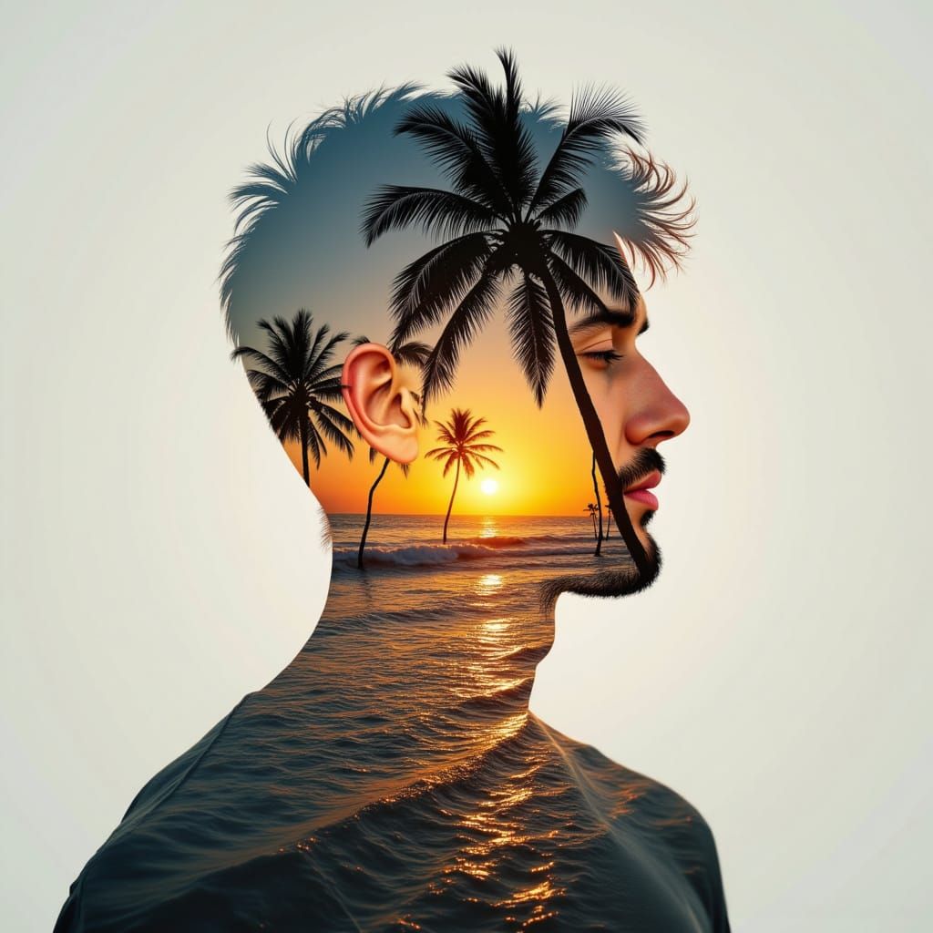 Double Exposure Tropical Beach Scene in Digital Art Style