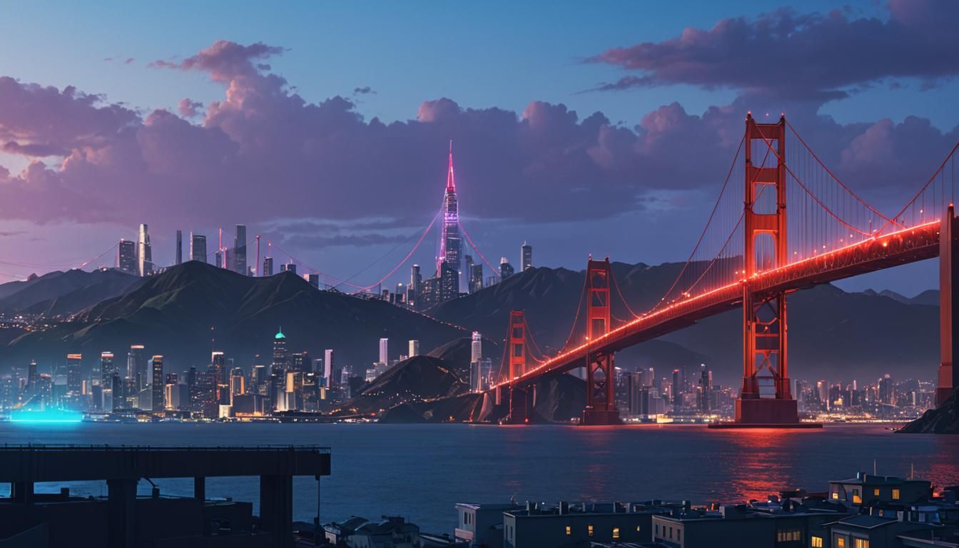 Cyberpunk Golden Gate Bridge in Neon Future
