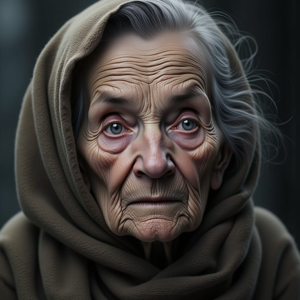 Lonely Old Woman in a Whimsical Witch's Portrait