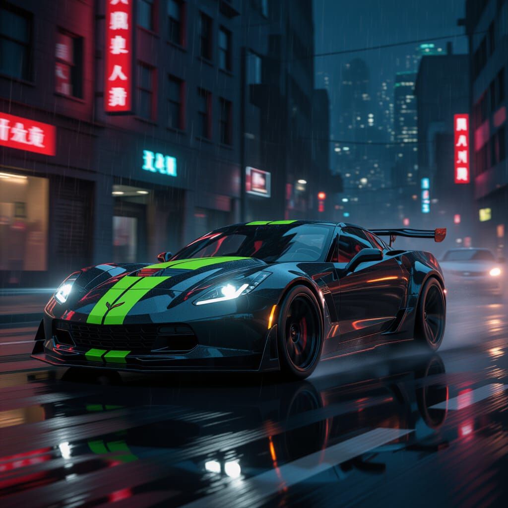 Corvette Drifting Through Neon Cityscape at Night