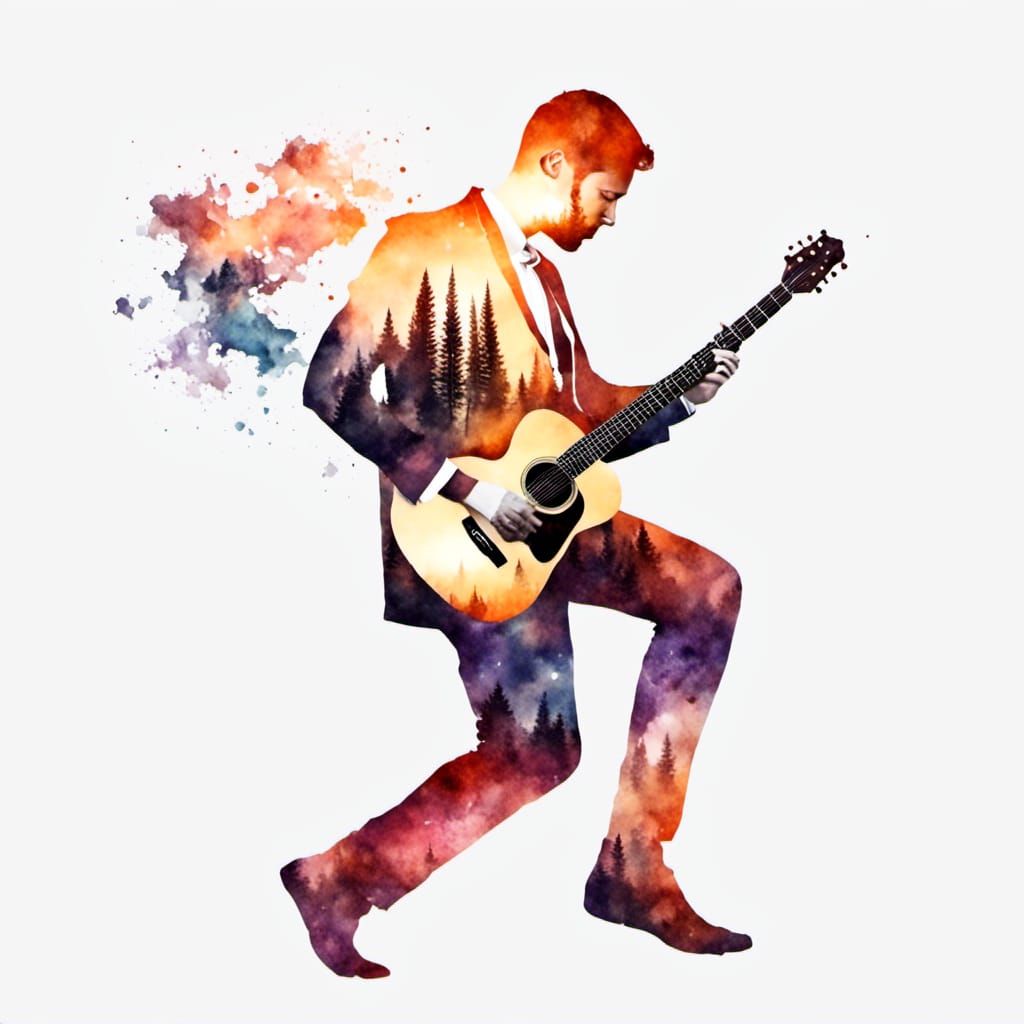 Watercolor Double Exposure: Sunset Rockstar Galaxy