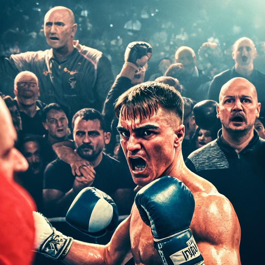 Determined Boxer in the Ring, Surrounded by Cheers