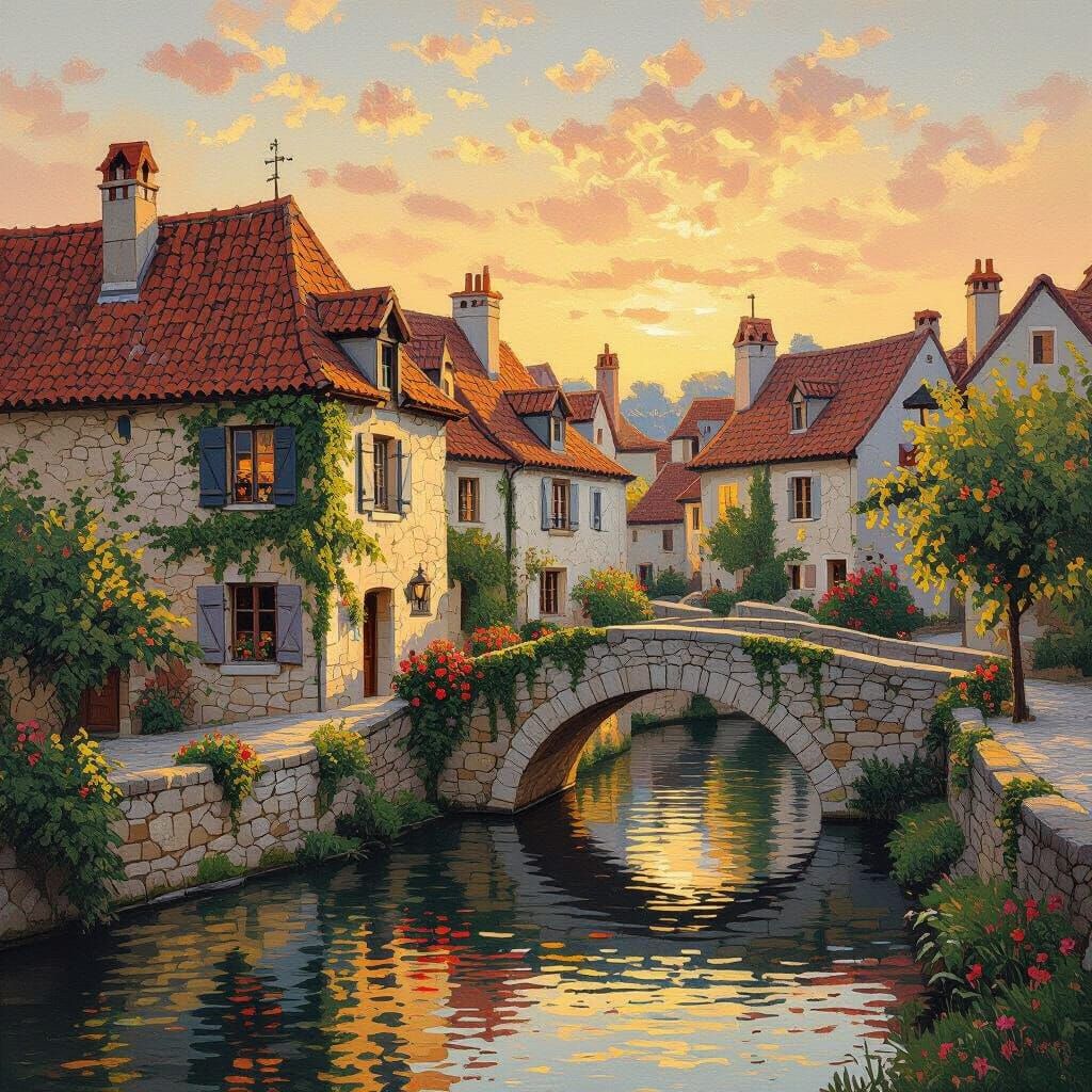 Idyllic Village Sunset in French Impressionist Style