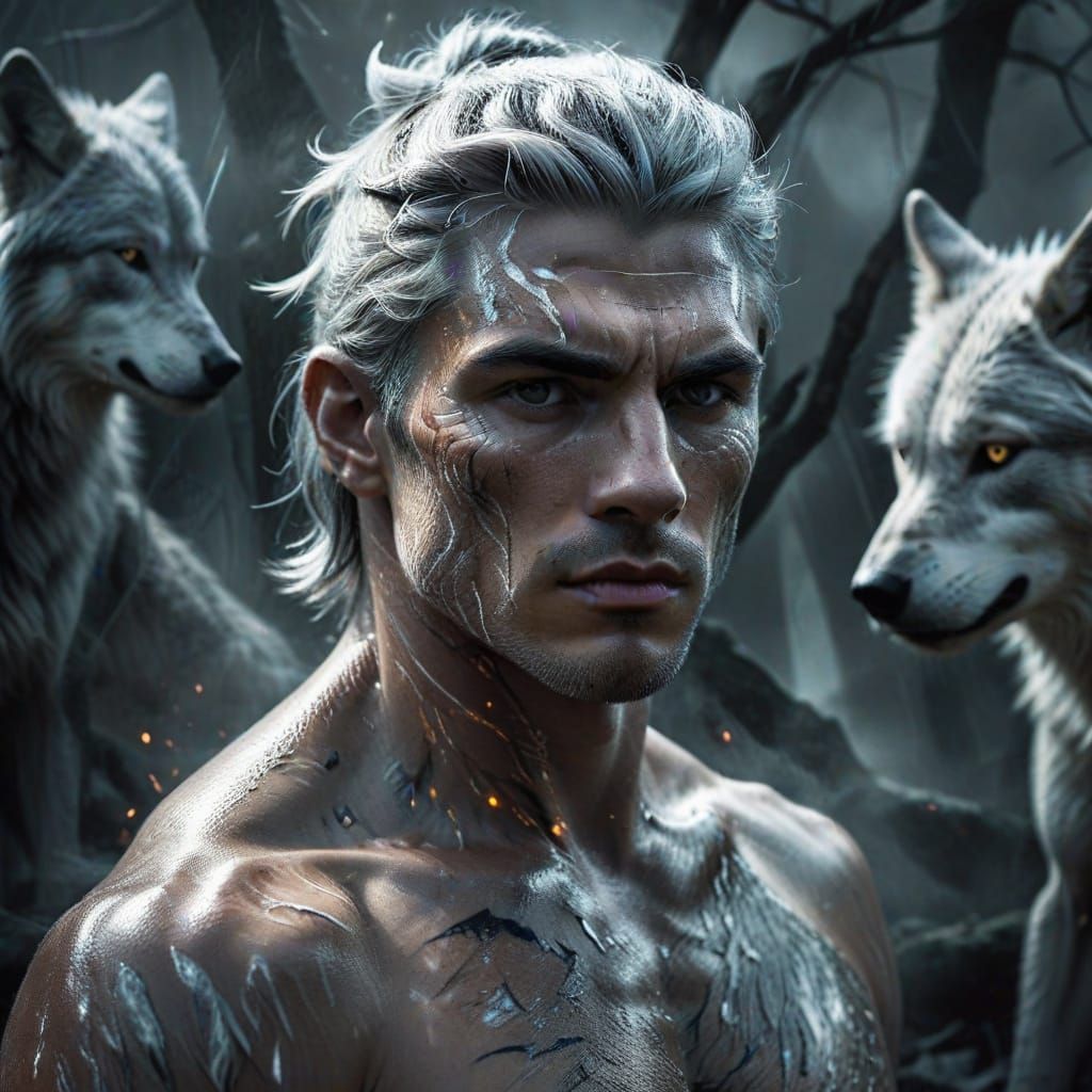 A youthful-looking beefcake wolf shifter male in human form, gray hair, Double exposure with a sinister male spirit over...
