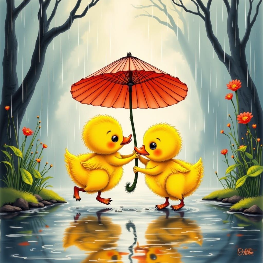 Ducklings Dancing in the Rain: Calligraphy Style