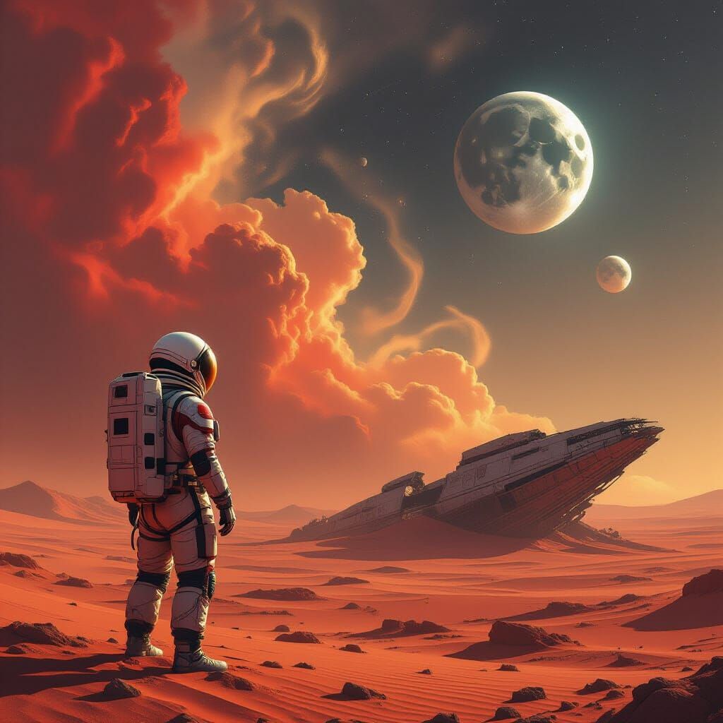 Astronaut on Crimson Planet Gazes at Alien Sky