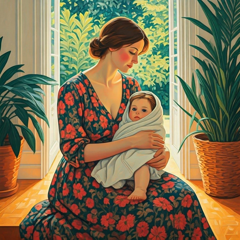 Mother and Child in Fauvist Style with Lush Greenery