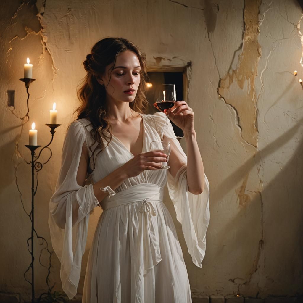 Magical Realism Woman Sipping Wine in Candlelight