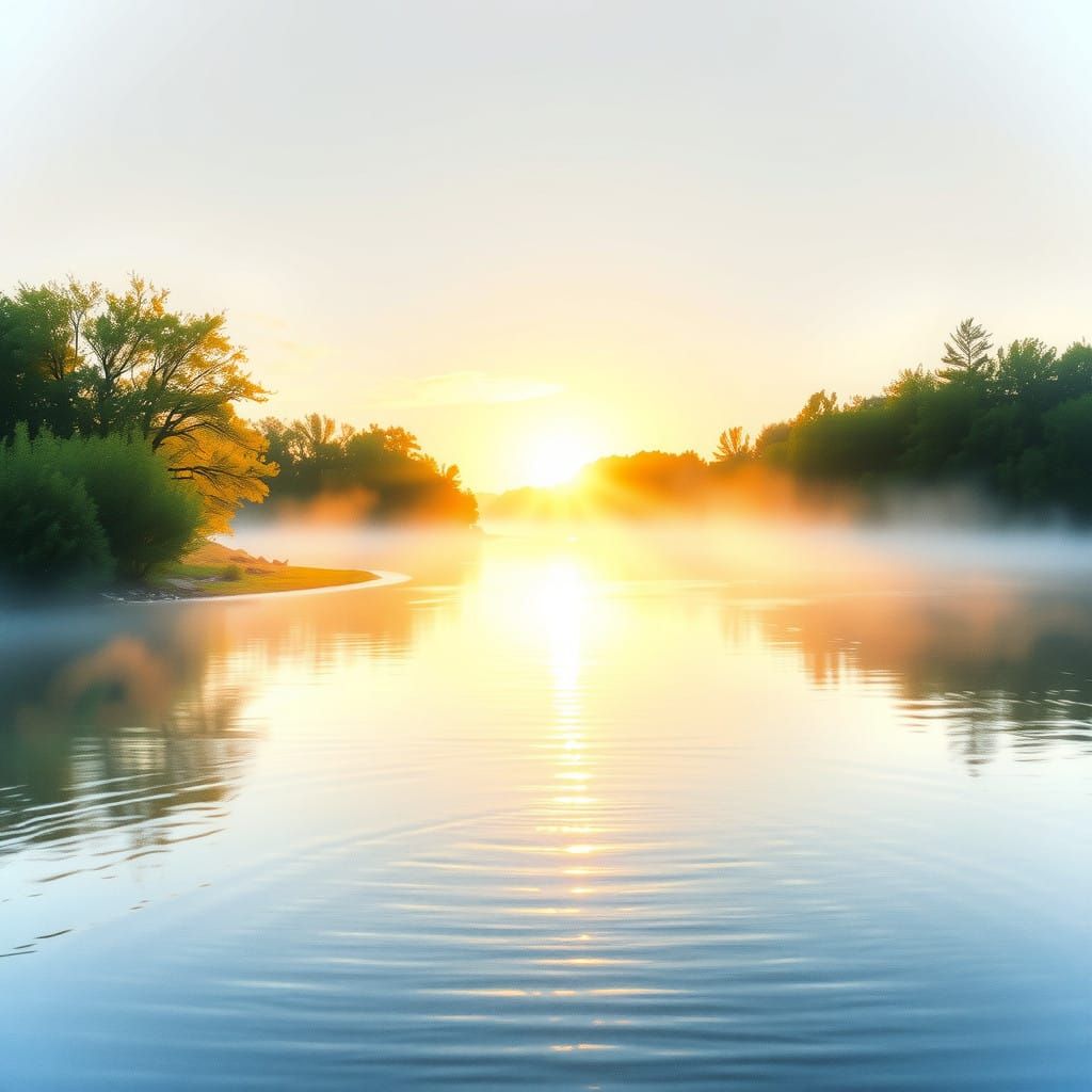 Dreamy Watercolor Riverscape at Dawn in Soft Morning Light