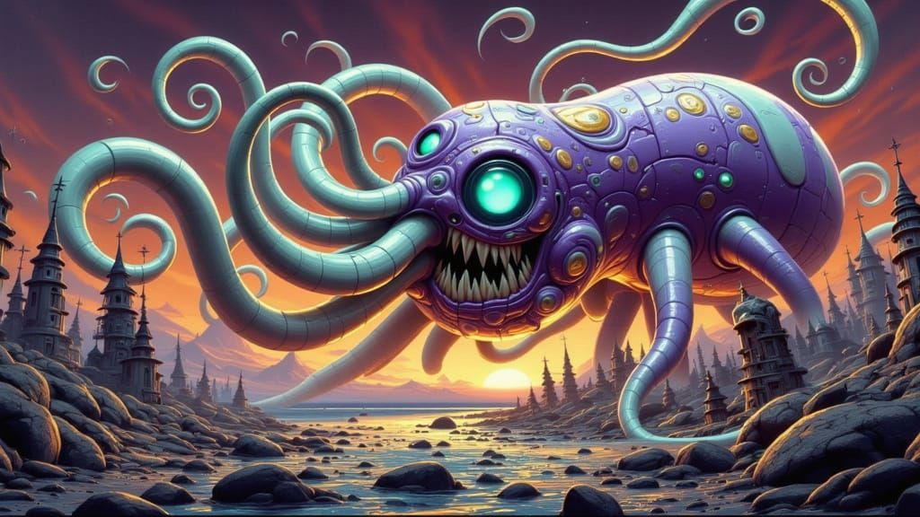 Surreal Decaying Pickle with Glowing Tentacles