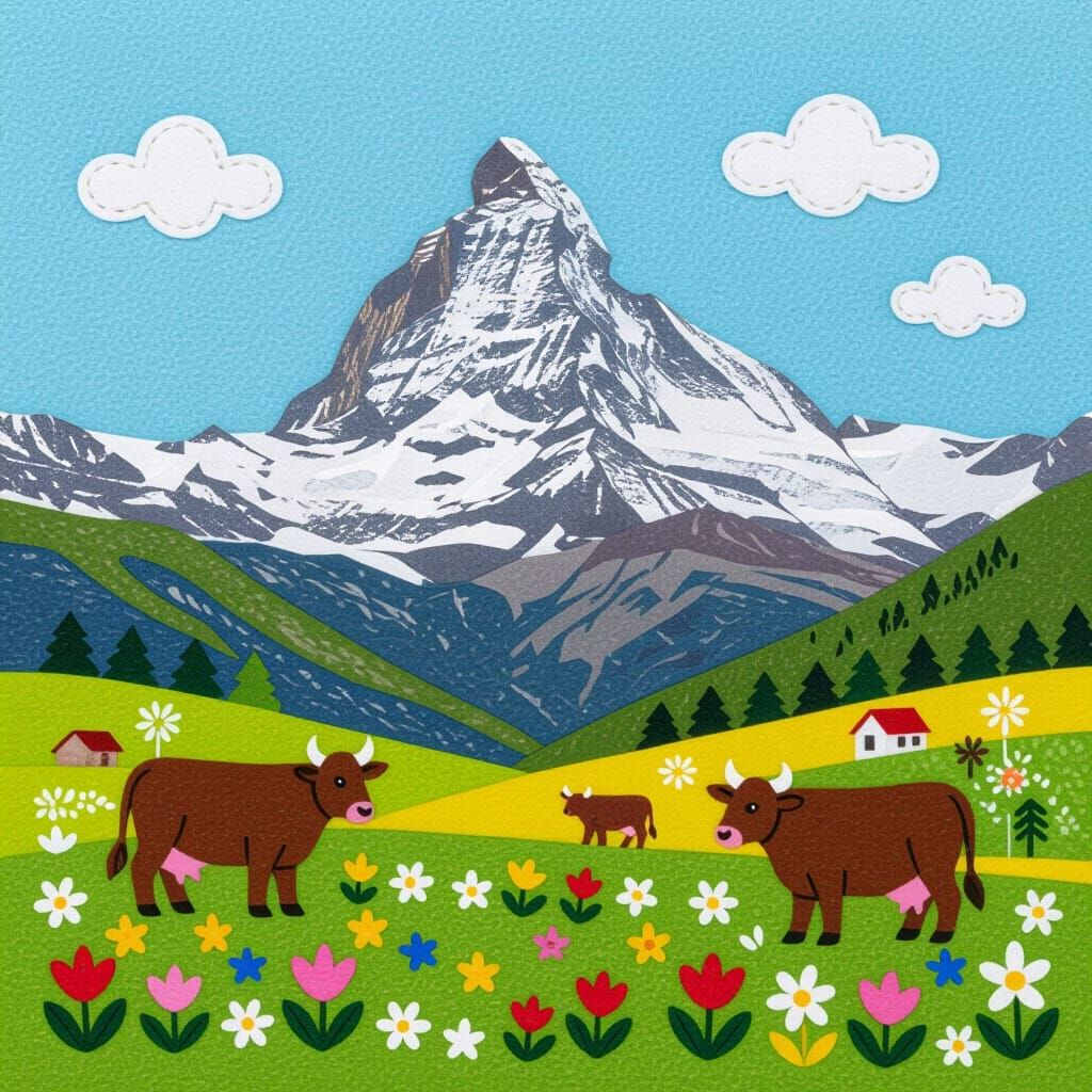 Matterhorn Peak in Flowering Meadow with Swiss Cattle
