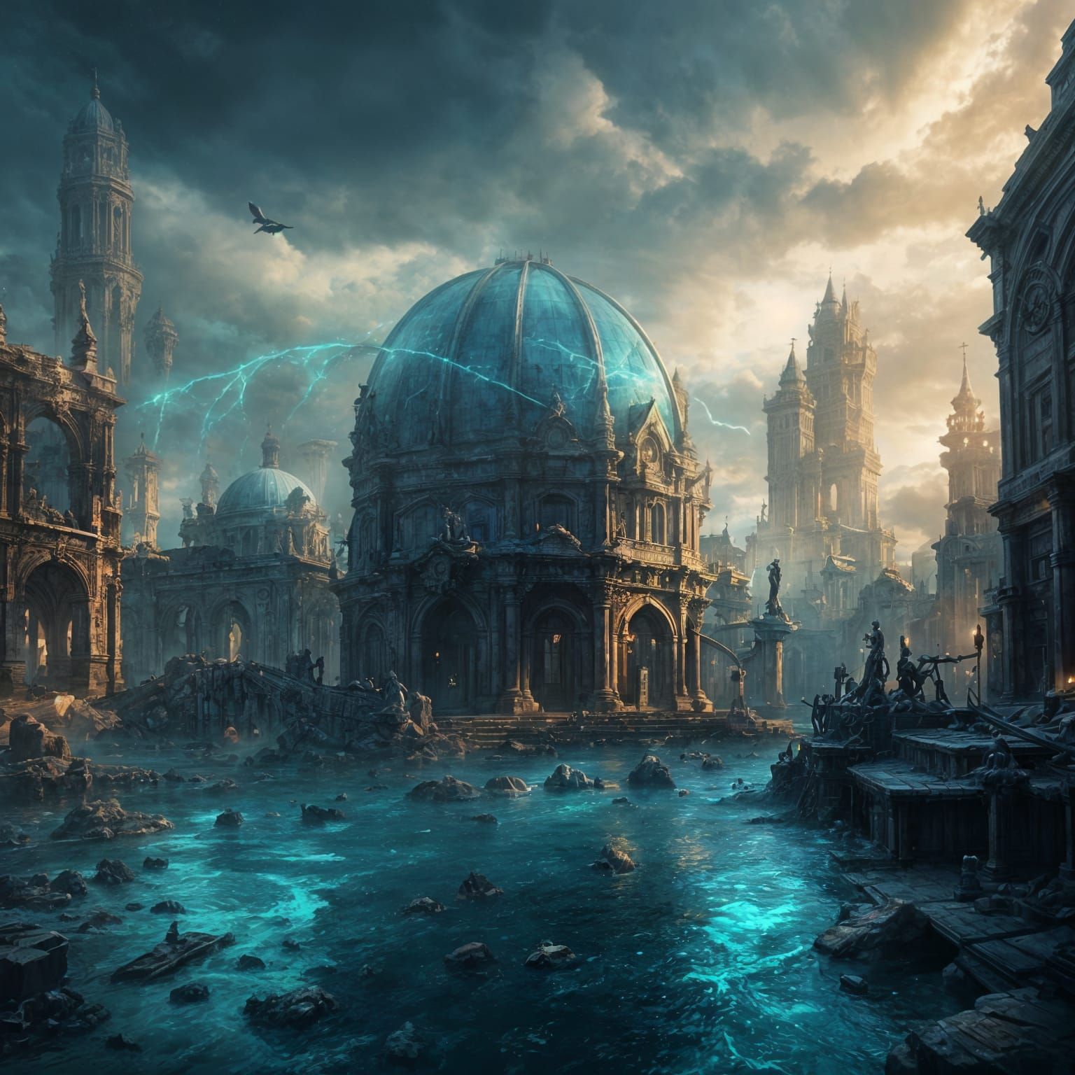 Decaying Underwater City in Ethereal Blue Glow