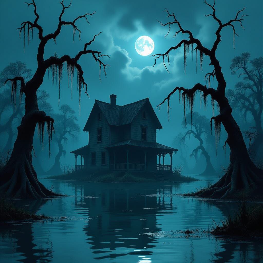 Haunted Swamp House in Desolate Landscape