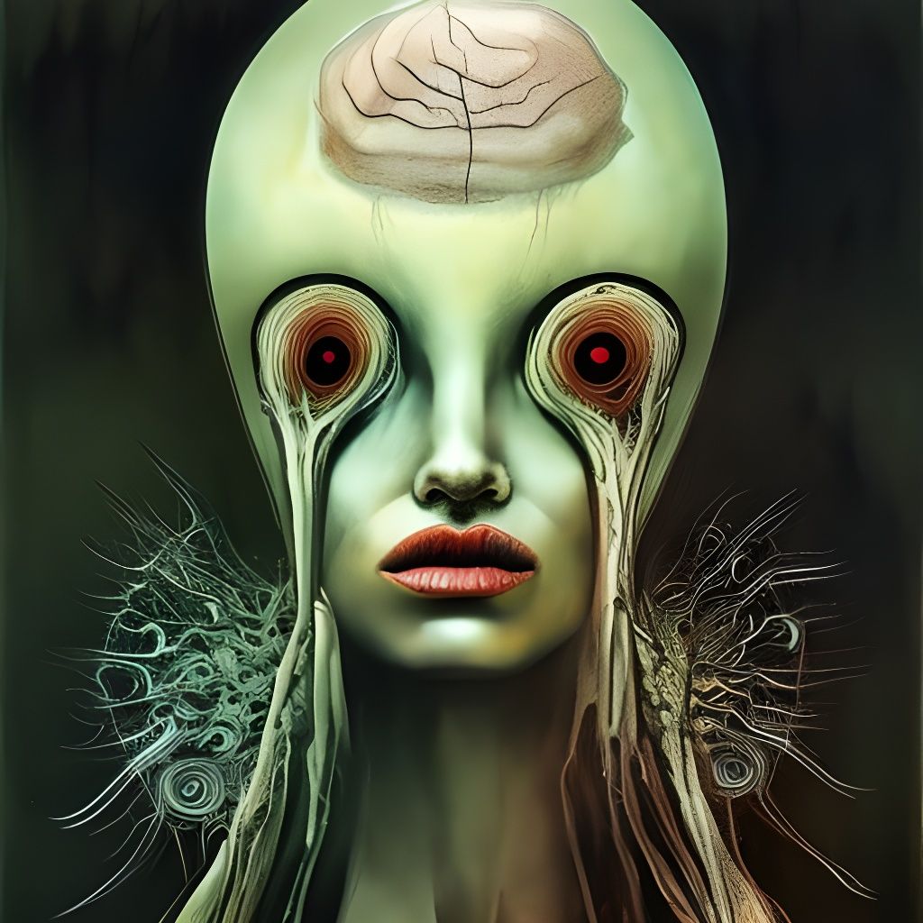 Surreal Woman with Pseudopod Head in Mixed Media
