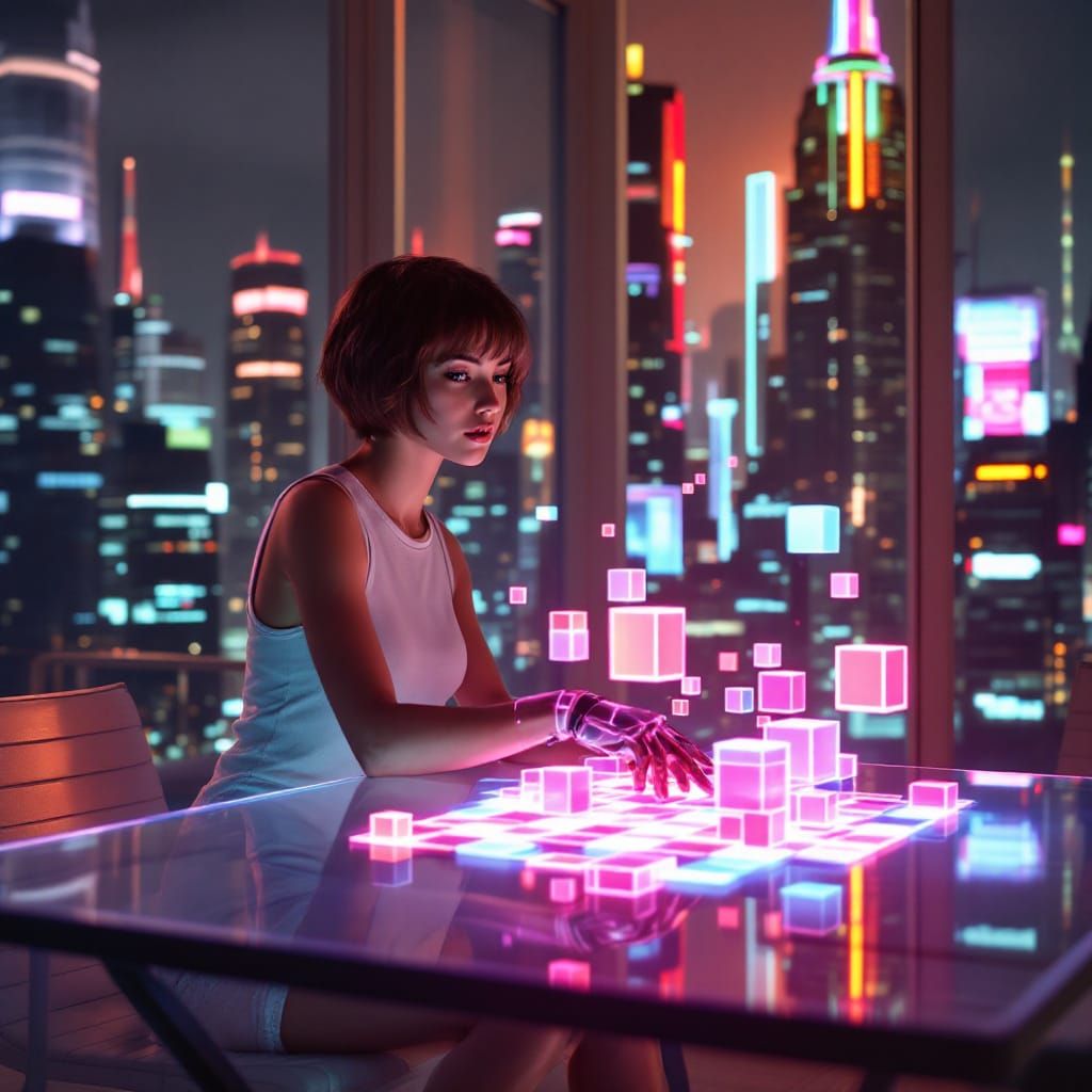 Holographic Gaming in a Neon Dystopian Cityscape