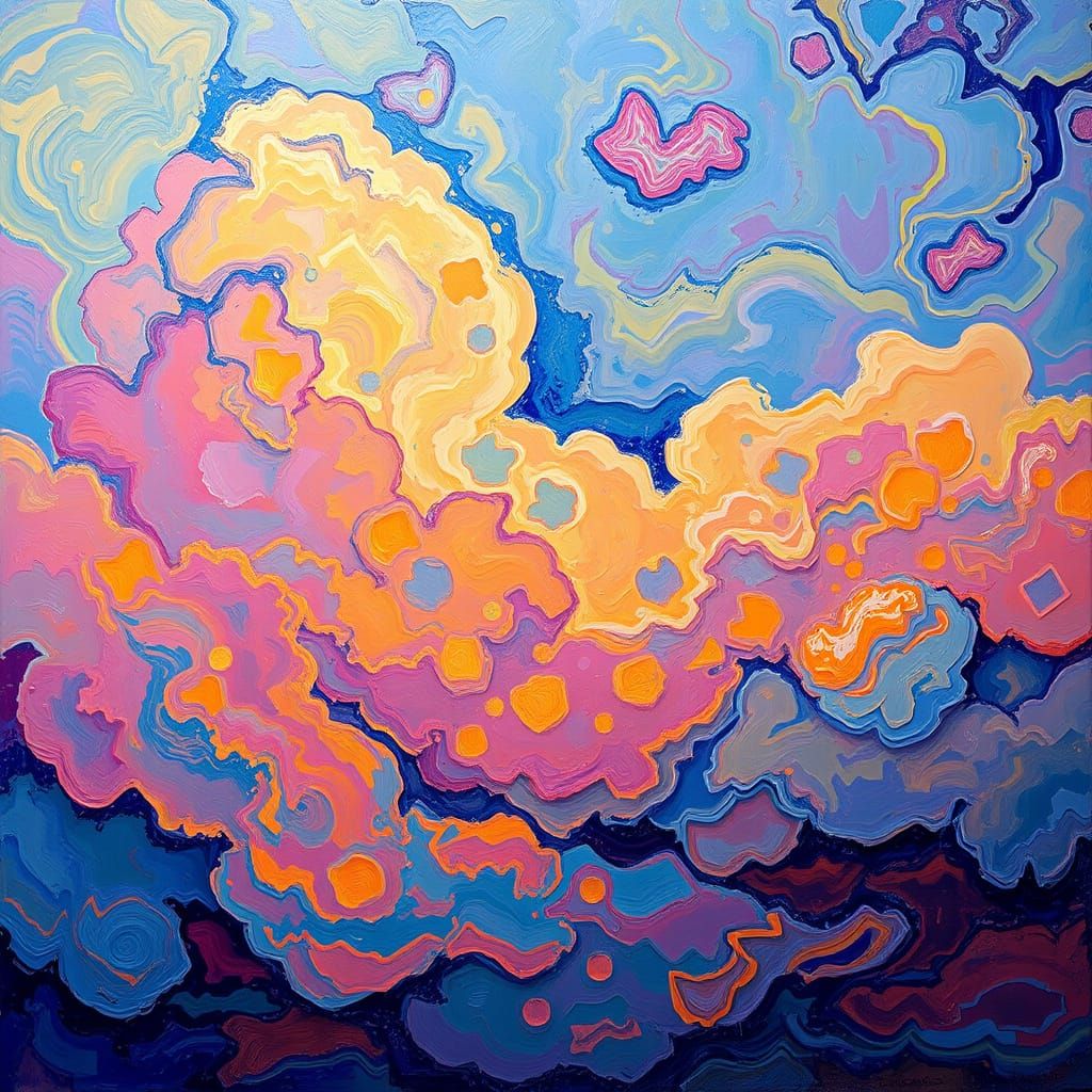 Dreamy Neo-Impressionist Landscape with Iridescent Clouds