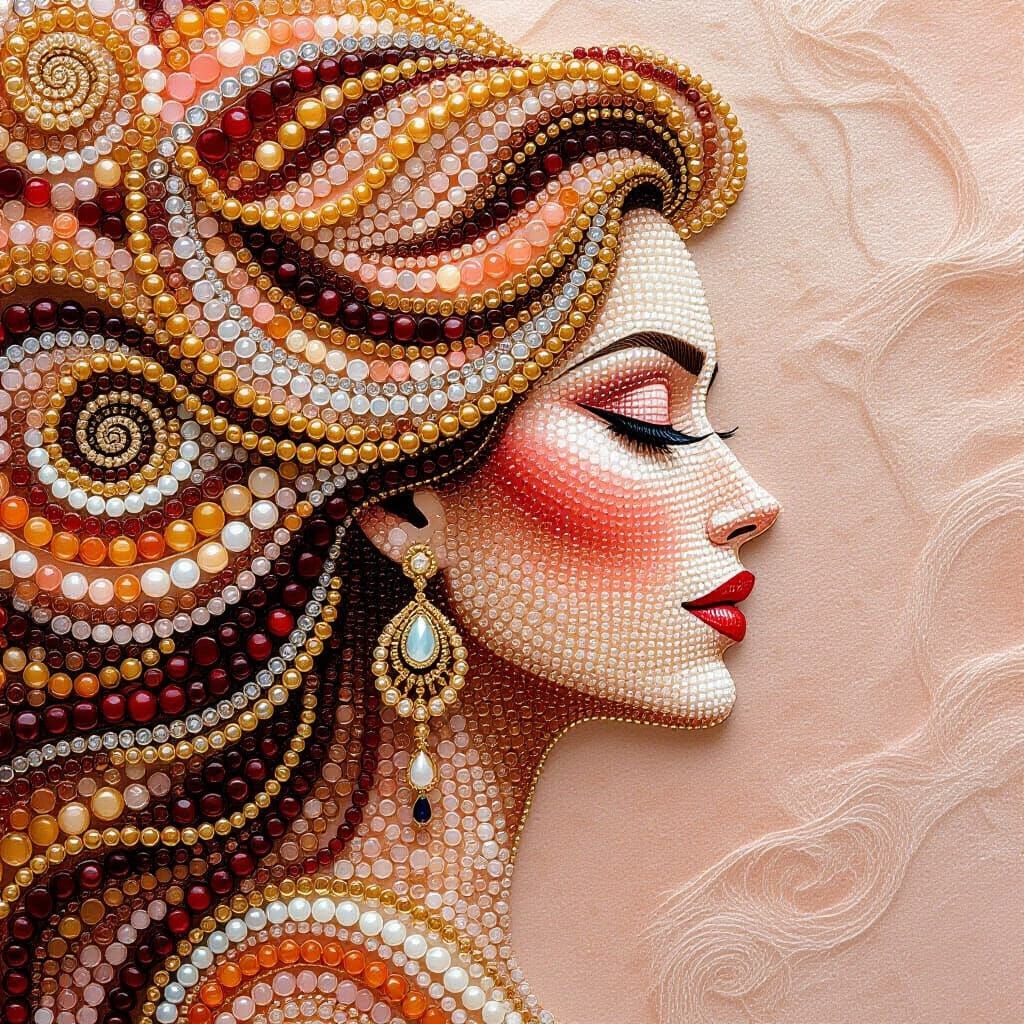 Beaded Profile Portrait with Flowing Hair