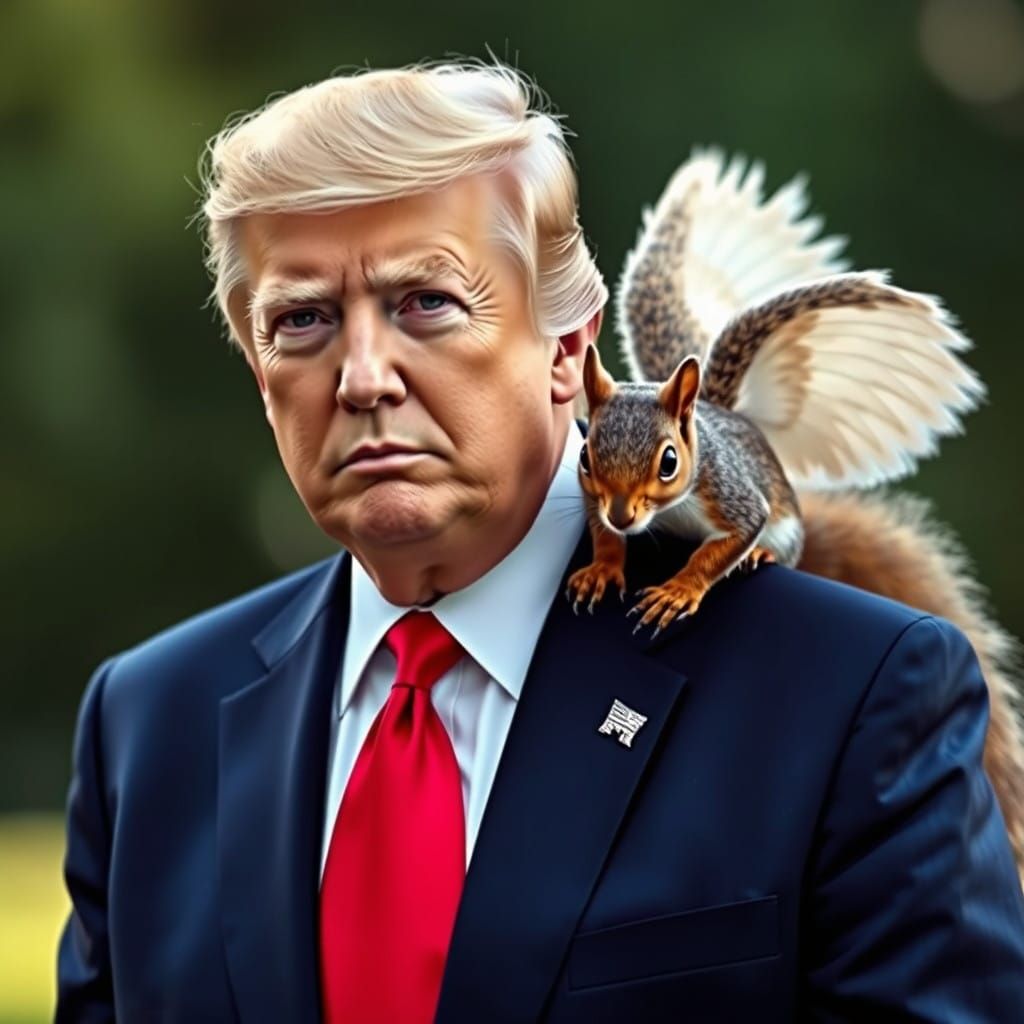 Confident Business Leader with Angelic Squirrel Companion