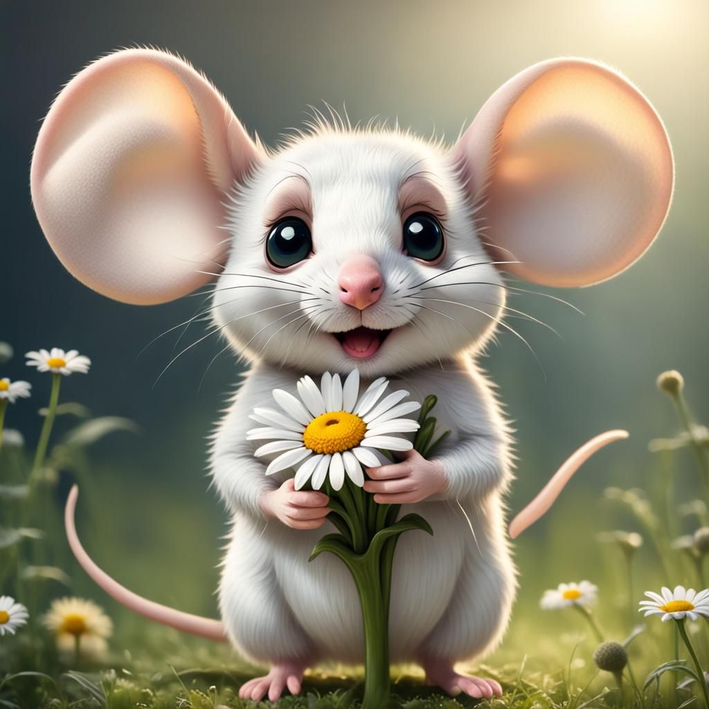 Mouse with Large Ears Holds Giant Daisy