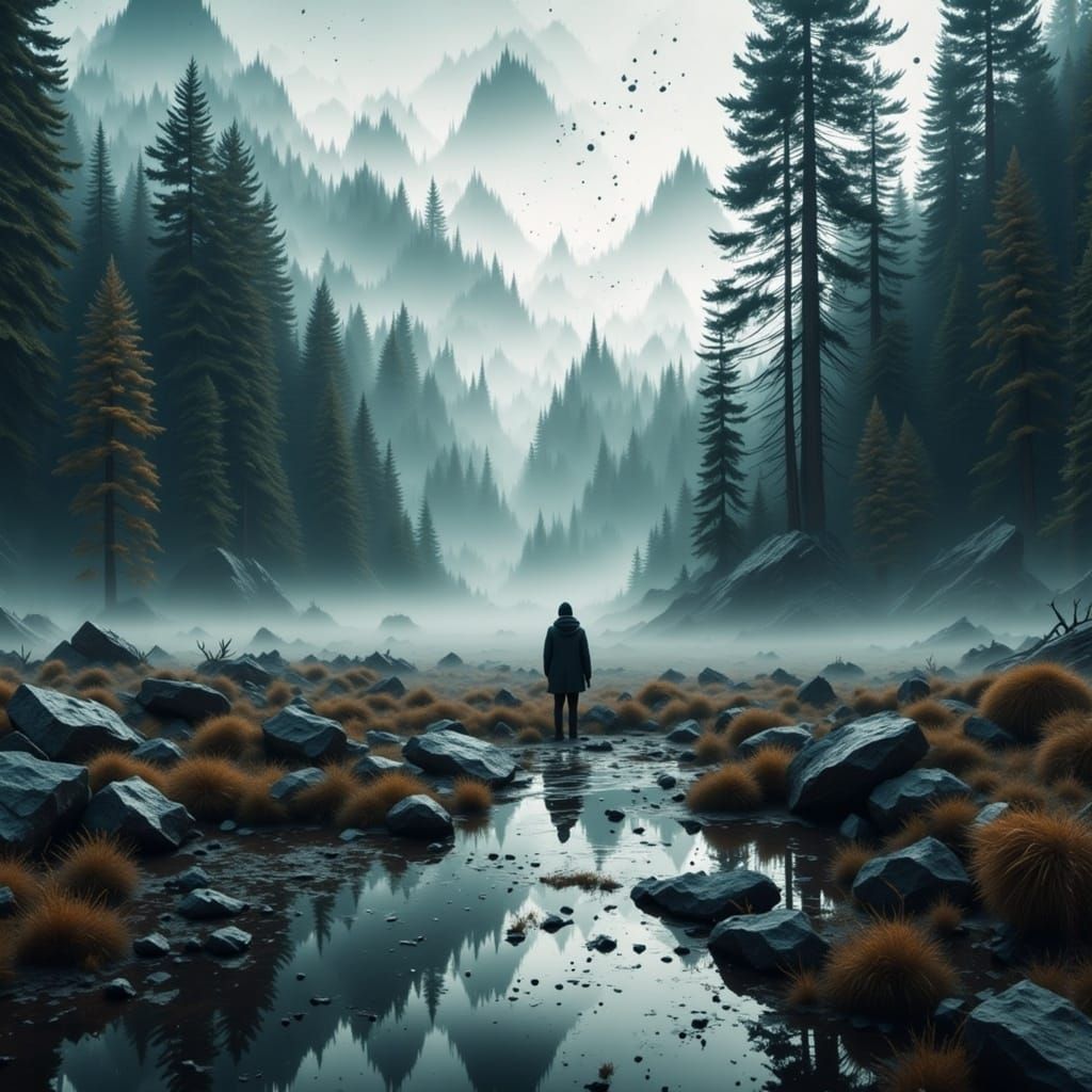 Mechanical Hearts in Foggy Cedar Landscape