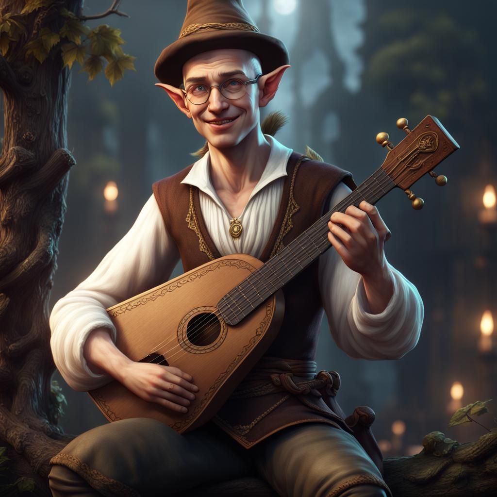 Smiling Bald Elf Bard with Lute, Detailed Digital Art