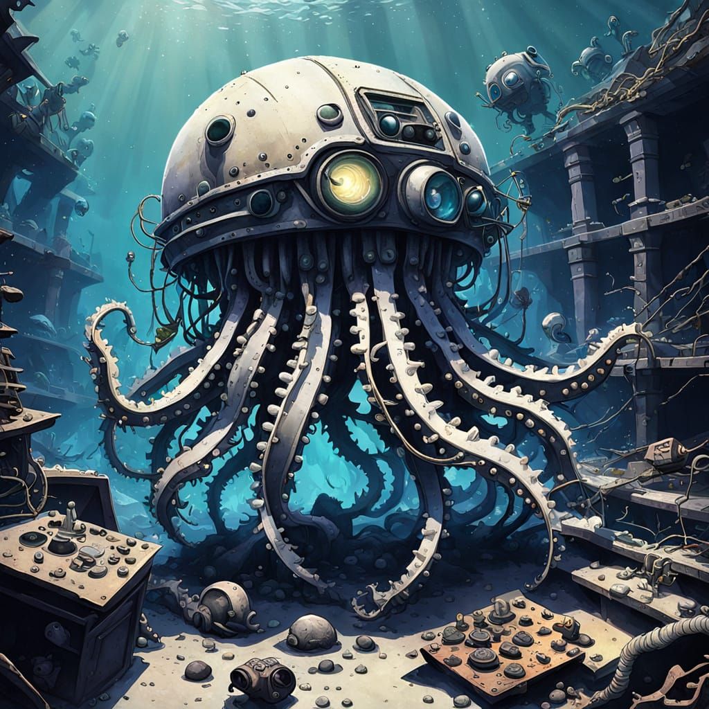 Cyborg Octobot Explores Sunken Metropolis Ruins