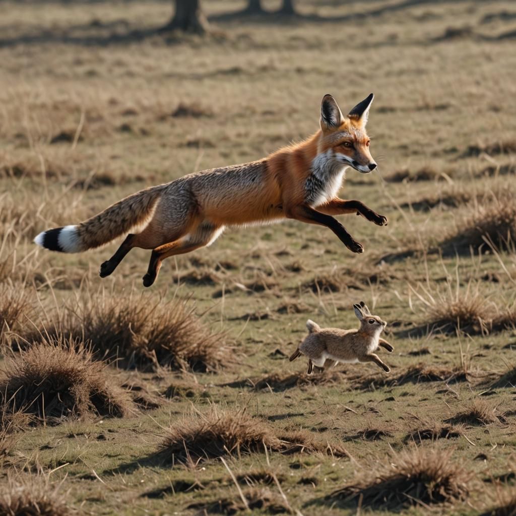 a fox hunting a hare background depth with 10 layers optimiz...