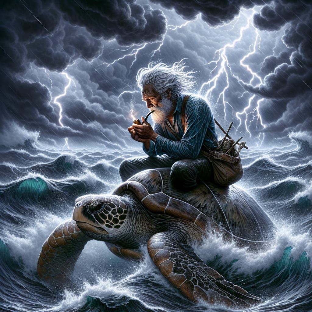 Elderly Man Rides Sea Turtle Through Turbulent Stormy Waters