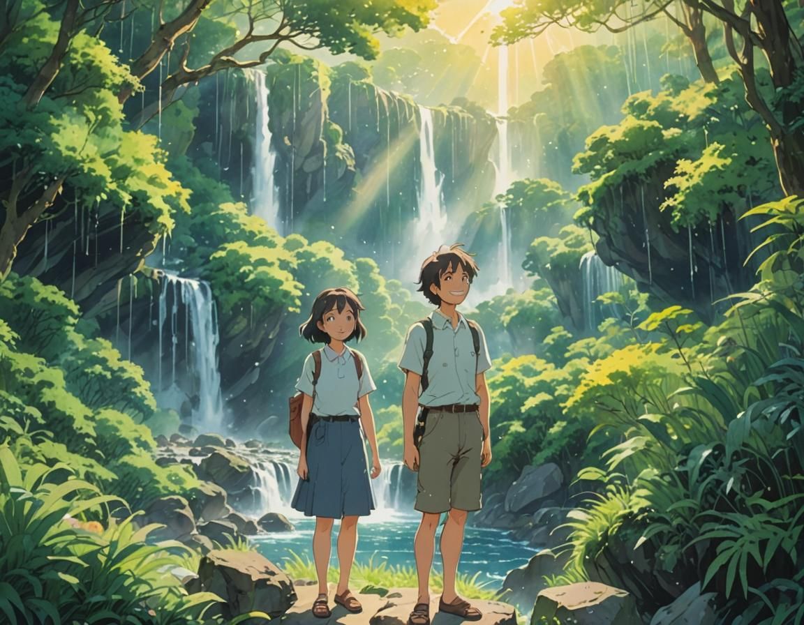 Smiling Person in Lush Landscape: Ghibli-Inspired Watercolor