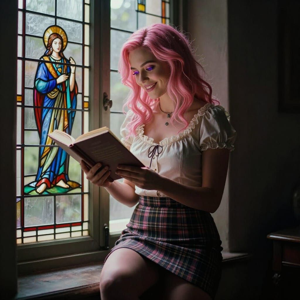 Pink Haired Woman Reading by Stained Glass Window