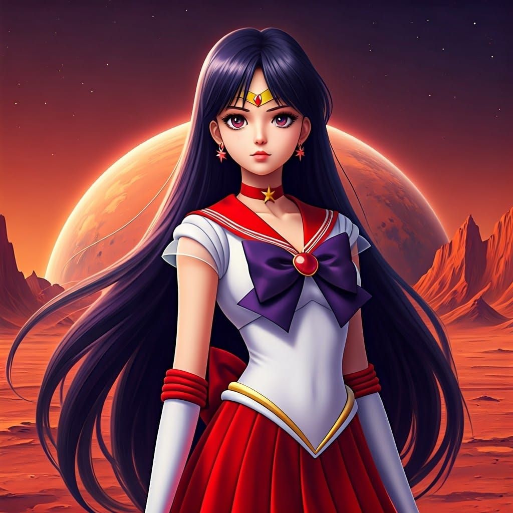 Sailor Mars in Cyberpunk-Style Sci-Fi Illustration