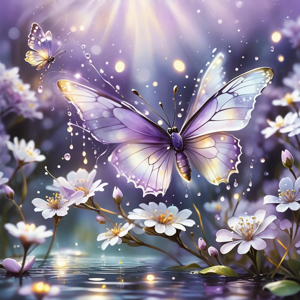 Glowing Butterfly and Flowers in Watercolor Style