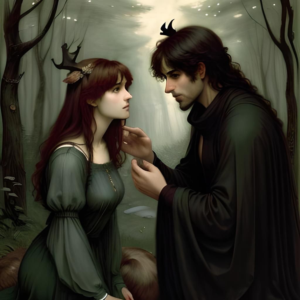 Antlered Man and Girl in Moody Forest