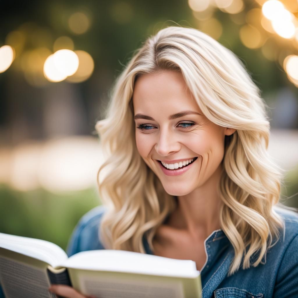 Happy Blonde Woman Reading with Bokeh