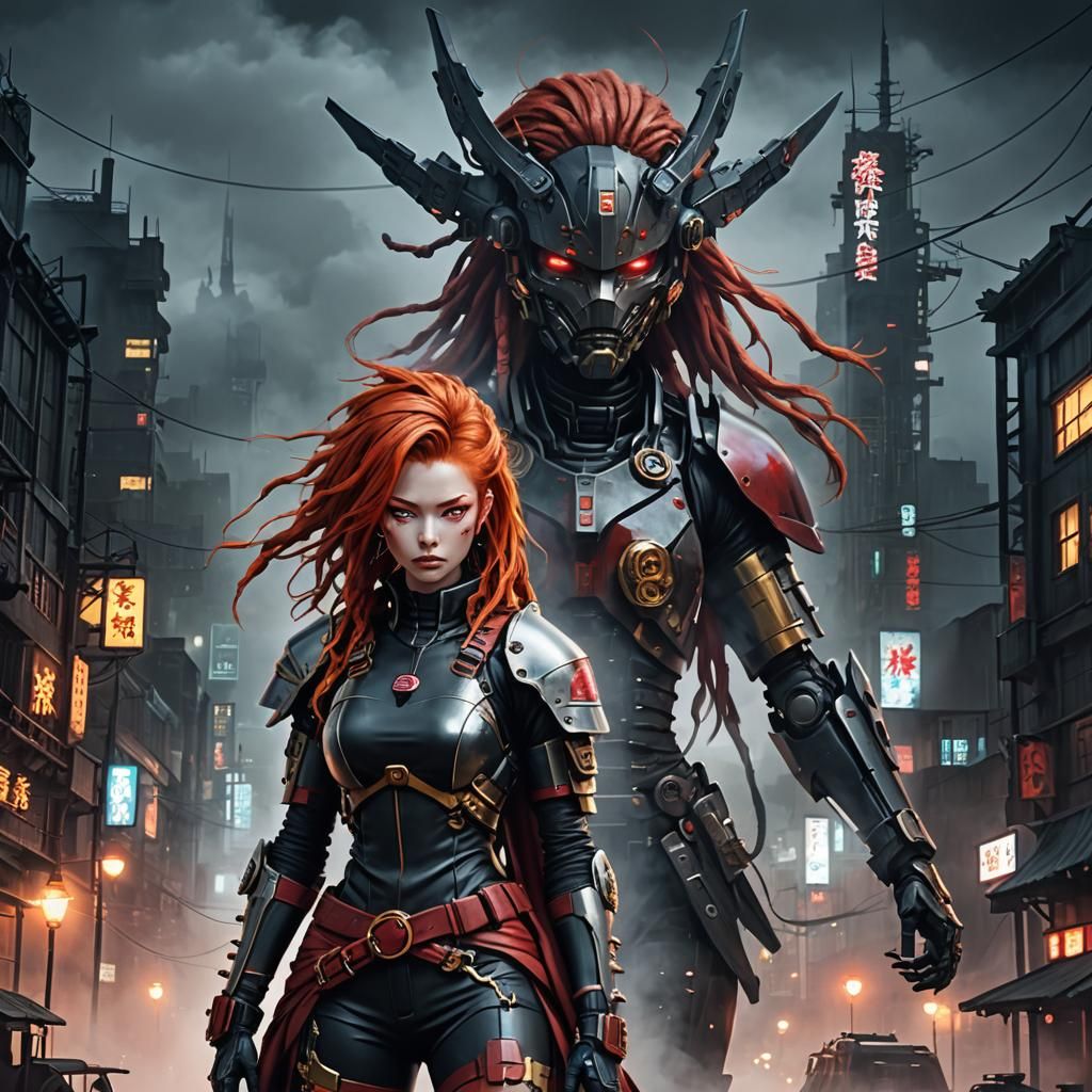 Redhead Samurai in Gloomy Steampunk City