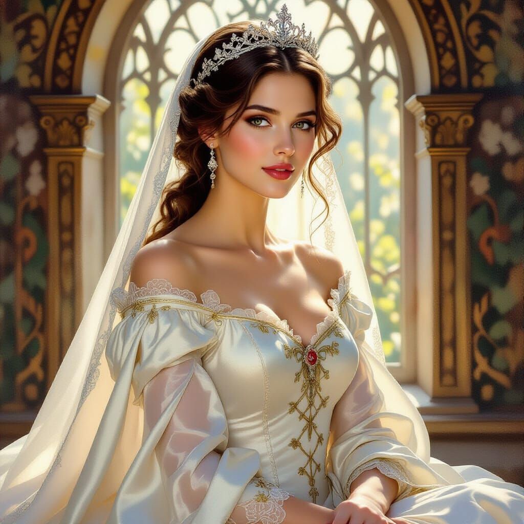 Elegant Medieval Princess Gown with Silver Tiara
