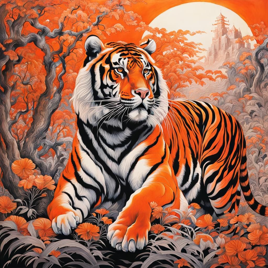 Fierce Tiger in Monochromatic Orange Ink Wash