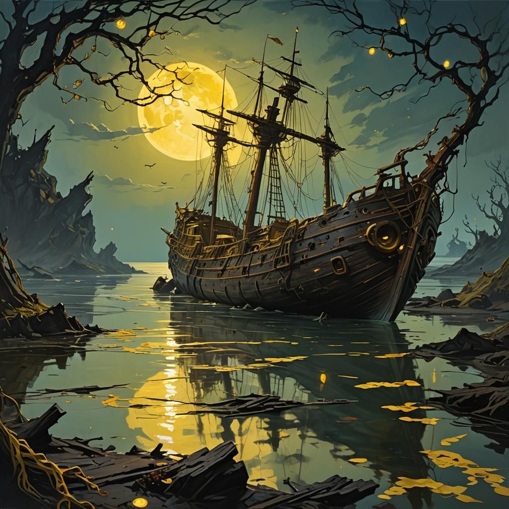Shipwreck at Night: Dark Fantasy Oil Painting